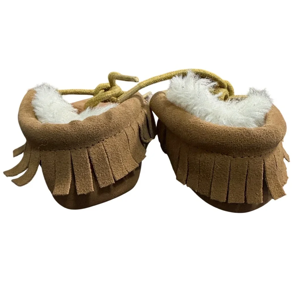 Unbranded Tan Faux Suede Fringe Moccasin Booties with Faux Fur‎ Lining Kids